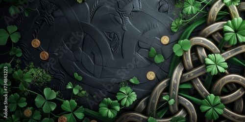 Celtic Knot for St. Patrick's - A detailed Celtic knot incorporating green shamrocks and gold coins against a dark background. 