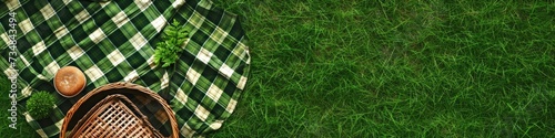 Picnic Preparation - A picnic basket on a lush green lawn, with a checkered blanket beside it, hinting at the outdoor activities that become more frequent in March.  photo