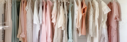 Wardrobe Changeover - Open wardrobe transitioning from winter to spring clothes, with pastel colors and light fabrics.