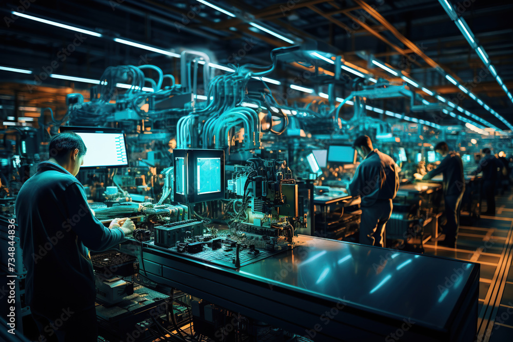 Activity inside an industrial manufacturing facility, highlighting workers operating machinery and computers under artificial lighting. Activity inside an industrial manufacturing facility, highlighting workers operating machinery and computers under artificial lighting.