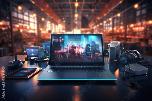 A premium gaming laptop is featured amidst various accessories, including headphones, a keyboard, and a mouse, all illuminated by vibrant neon lights.