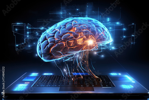 A digital artwork featuring a human brain with electrical currents arcing around it, symbolically emerging from an open laptop.