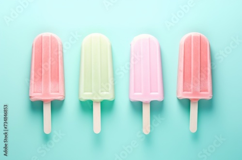  pastel sweet ice lollies are on a pink and blue background © olegganko