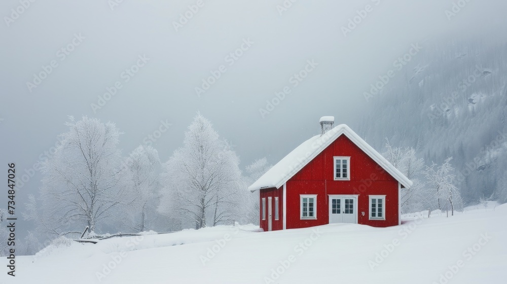 Lonely burgundy house in Norway. Winter landscape