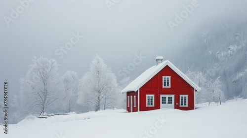 Lonely burgundy house in Norway. Winter landscape © olegganko