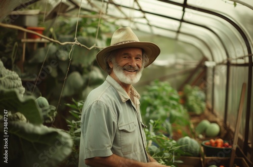 happy farmer in a greenhouse with lots of veggies