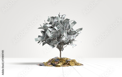 Tree with banknotes on a pile of coins