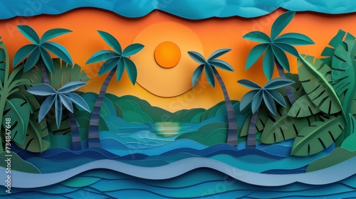 Tropical Sunset Through Papercut Layers