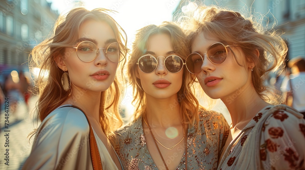 Fototapeta premium Women fashionistas diverse photo models in stylish clothes, chic beige and gold shiny festive dresses, with glasses are standing on city street at fashion week, sunset lighting
