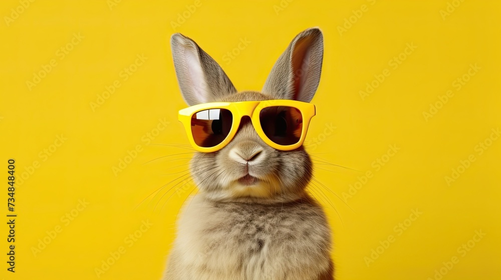 funny rabbit in sunglasses with mouse opened over pink background funny rabbit in sunglasses with mouse opened over pink background