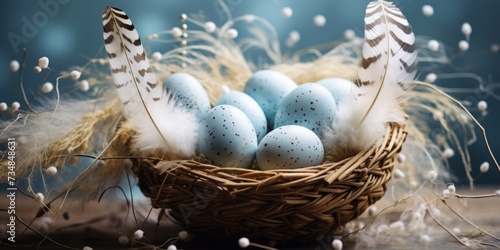easter eggs in a basket and feathers,