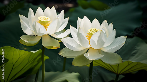 Two white lotus flowers in full bloom  with visible yellow stamens  set against a background of large  green lily pads in a calm pond setting