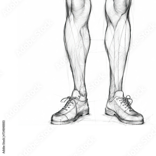 Male, inflated legs in sneakers. Sketch. Drawing of legs. Pencil drawing.
