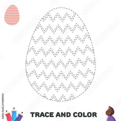 Trace and color Easter egg with zig zag pattern. Handwriting practice for kids. Tracing and coloring page for preschoolers 