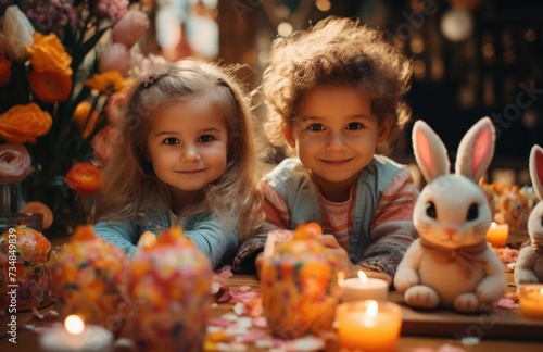 kids and baby with bunny ears are playing with easter eggs at the dining table.