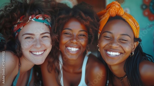 Friends laugh joyfully and look at the camera.