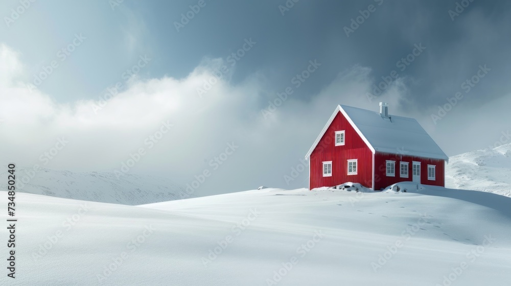Lonely burgundy house in Norway. Winter landscape Lonely burgundy house in Norway. Winter landscape