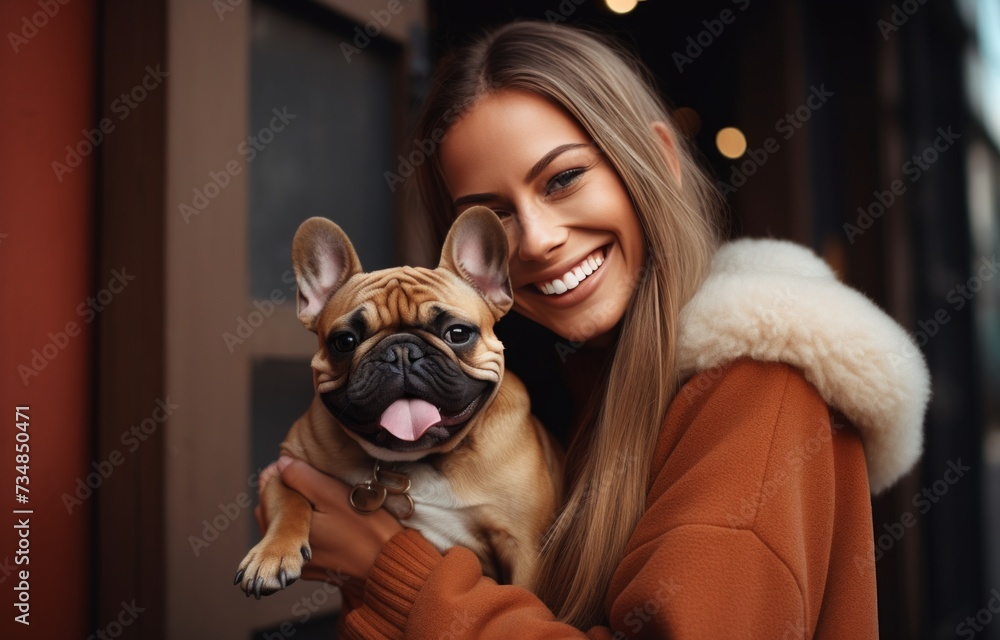 happy woman holding french bulldog