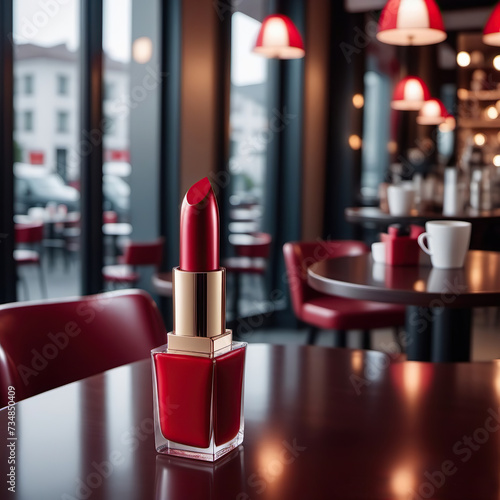 Red lipstick, on a blurred background of a cafe or bar. Juicy lipstick colors.