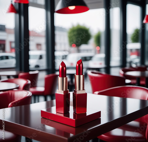 Red lipstick, on a blurred background of a cafe or bar. Juicy lipstick colors.