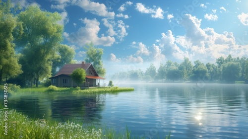 Beautiful natural background with a house on a lake