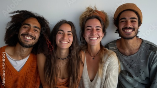 Friends laugh joyfully and look at the camera.