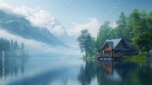 Beautiful natural background with a house on a lake © olegganko