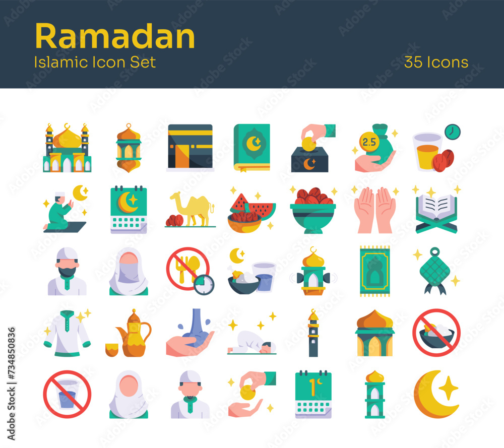 Set of Ramadan icons with symbols for lanterns, mosque, dates. Perfect for festive designs, social media posts, and holiday promotions. Islamic symbols and elements for design and decoration.