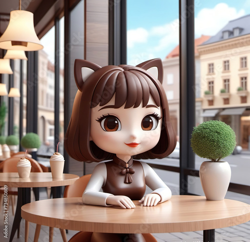 Illustration, a girl with black hair sits at a table in a cafe. Big eyes. 3d character