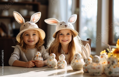 kids and baby with bunny ears are playing with easter eggs at the dining table.