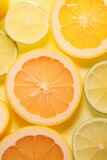 lemon, grapefruit, orange, jalapeno and lime slices over yellow background