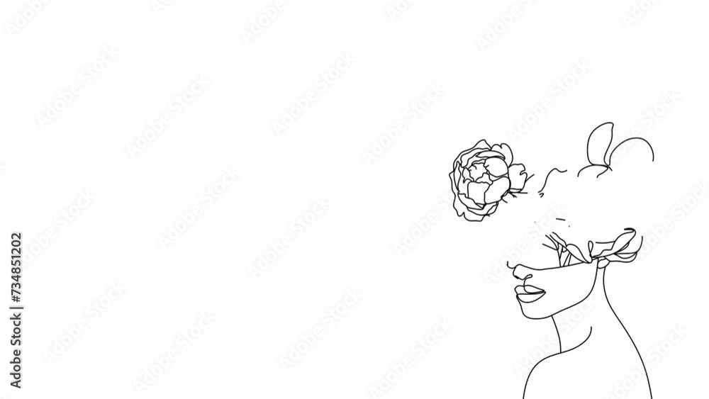 One continuous line drawing minimalist beauty nature cosmetic hairstyle. A flower bouquet in woman's head abstract face concept. 4k stock video of a developing with alpha channel. One continuous line drawing minimalist beauty nature cosmetic hairstyle. A flower bouquet in woman's head abstract face concept. 4k stock video of a developing with alpha channel.