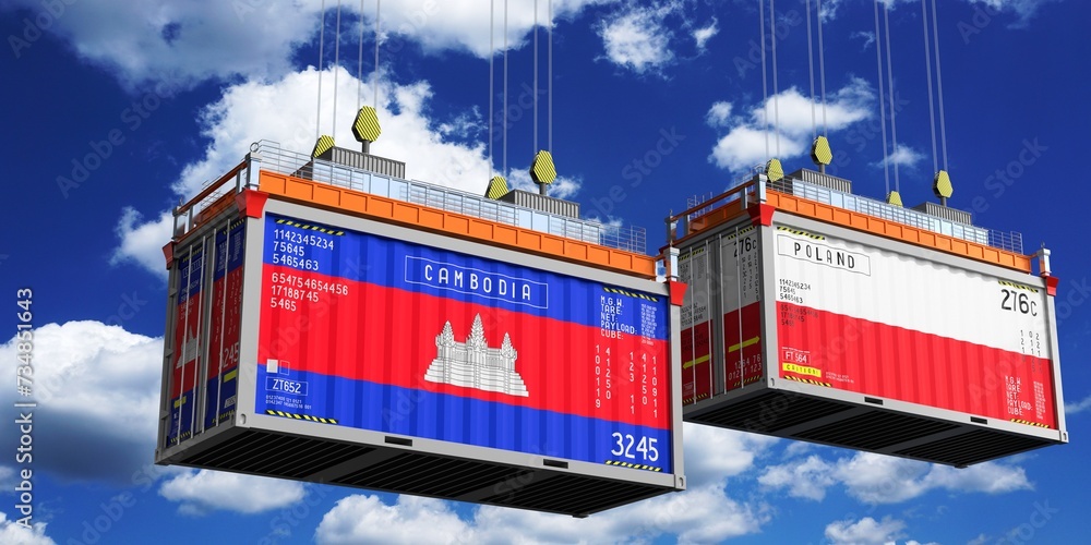 Shipping containers with flags of Cambodia and Poland - 3D illustration