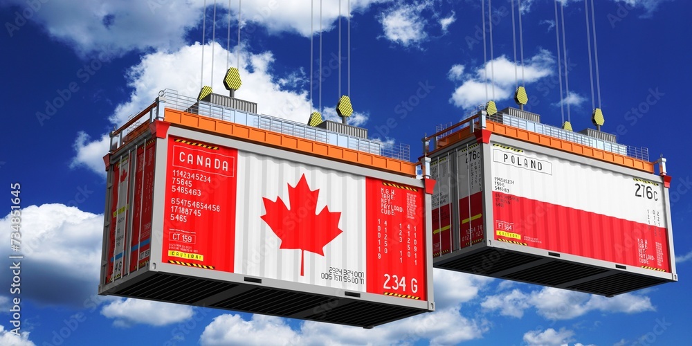 Shipping containers with flags of Canada and Poland - 3D illustration