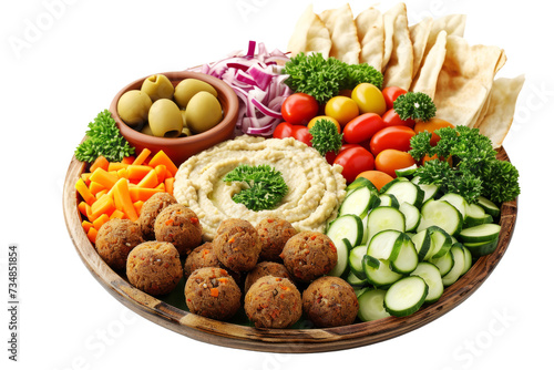 vegetarian dish in mediterranean style with falafel, hummus, olives and fresh vegetables, representing healthy food, isolated on white background.