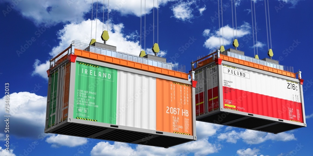 Shipping containers with flags of Ireland and Poland - 3D illustration
