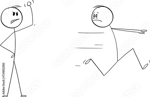 Weak Person Flees or Running Away From Strong Man, Vector Cartoon Stick Figure Illustration