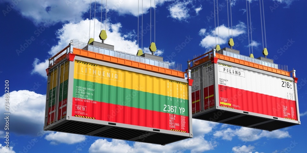Shipping containers with flags of Lithuania and Poland - 3D illustration