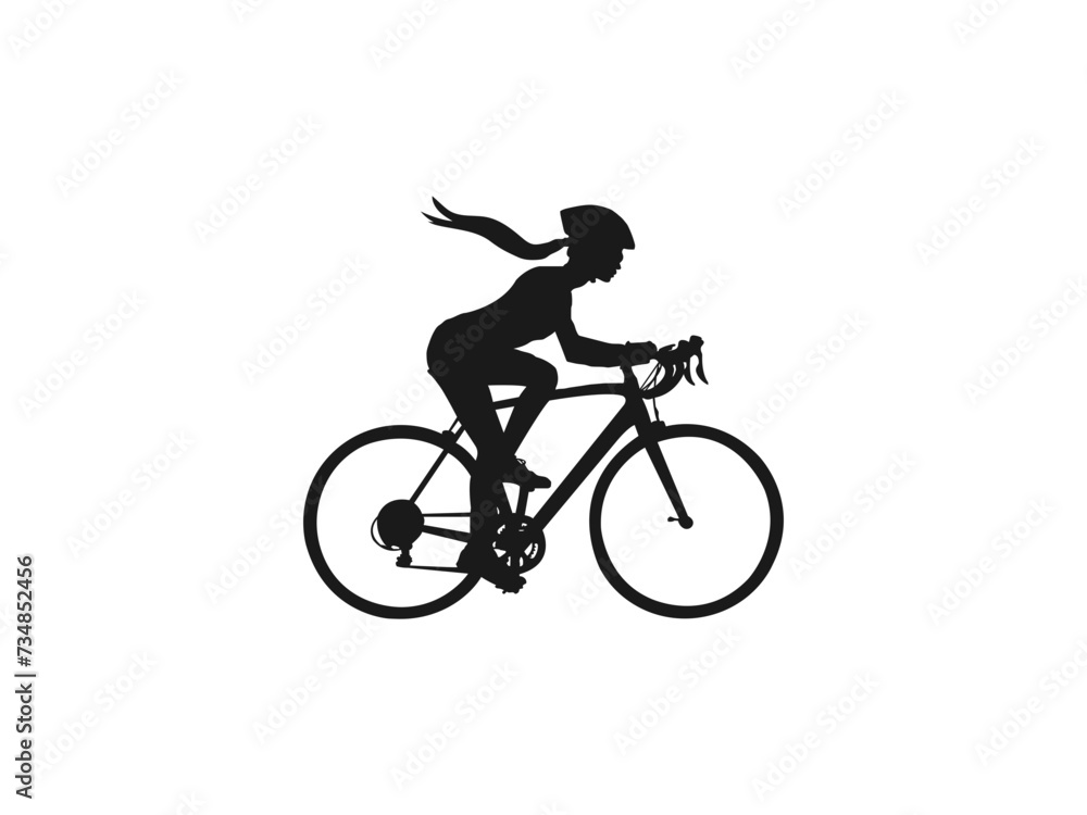 Fototapeta premium Female Cyclist Silhouette icon. A set of bicyclists riding bikes and wearing a safety helmet in silhouette. Hand drawn vector illustration. Flat vector illustration isolated on white background.