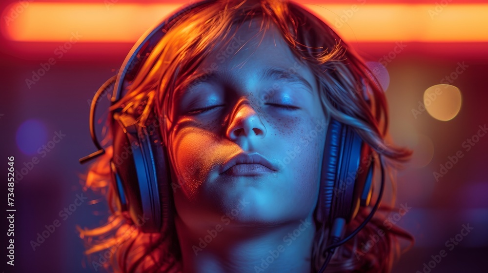 An isolated portrait of a young boy listening to music by neon lights in a studio. Portrait of a young boy listening to music in neon lights with his eyes closed.