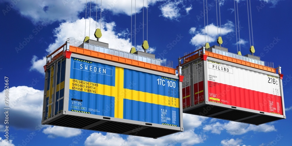 Shipping containers with flags of Sweden and Poland - 3D illustration