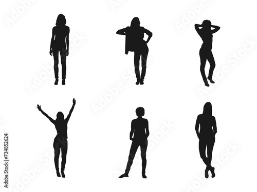 woman standing silhouettes set. Vector silhouette woman standing  people  black color. Vector drawing of a collection of silhouettes of men and women. vector illustration isolated on white background.