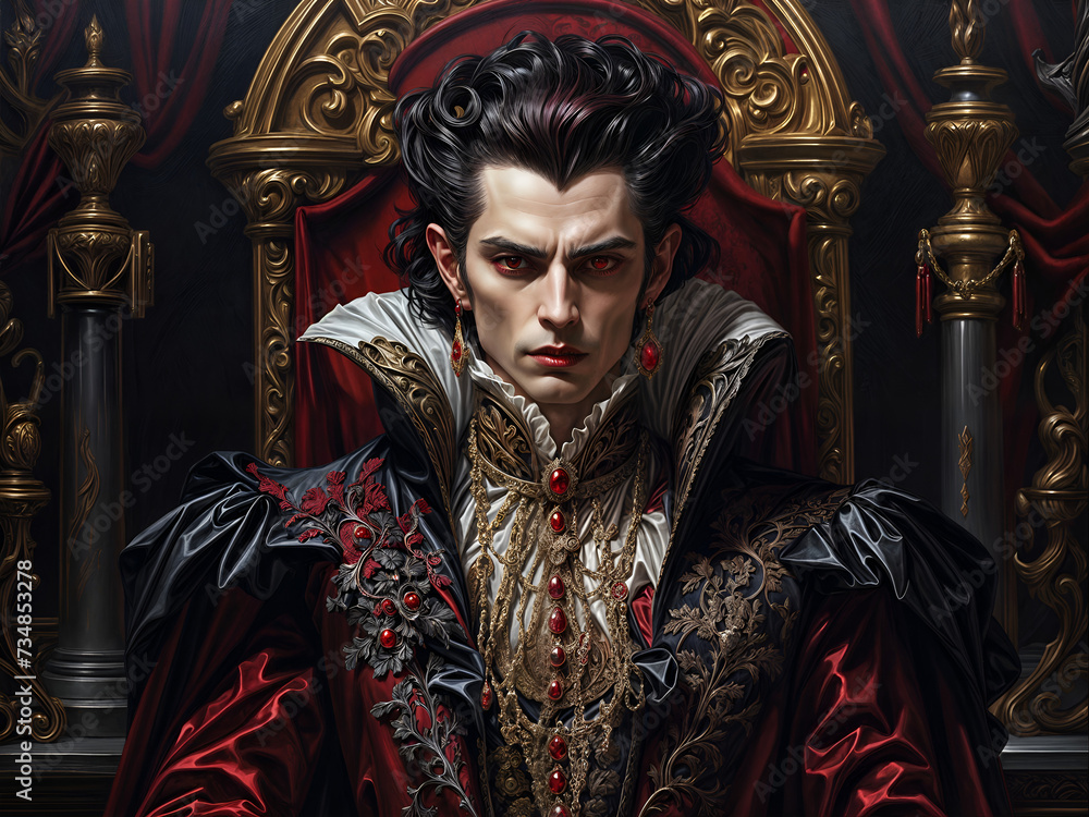 A vampire with dark hair and a rich red and black robe sits on a throne.