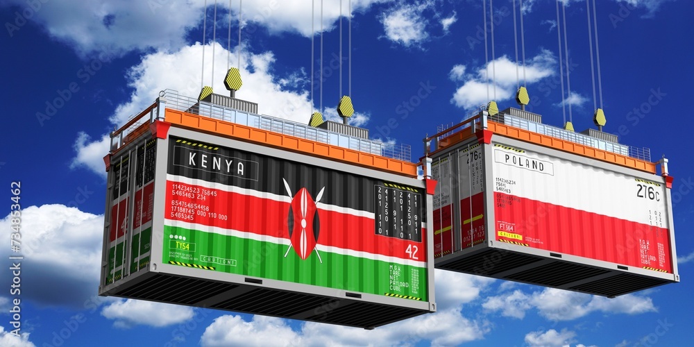 Shipping containers with flags of Kenya and Poland - 3D illustration