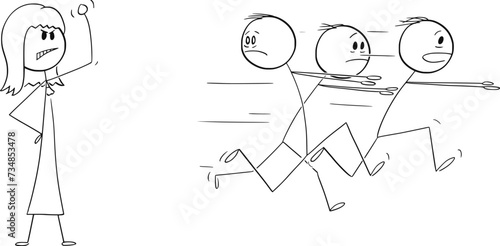 Group of Weak Men Running Away in Fear From Strong Woman, Vector Cartoon Stick Figure Illustration
