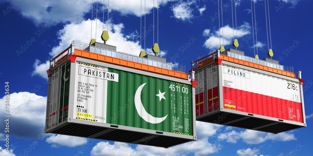 Shipping containers with flags of Pakistan and Poland - 3D illustration