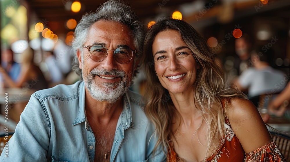 Happy mature couple in a restaurant, a portrait of beautiful people enjoying Happy mature couple in a restaurant, a portrait of beautiful people enjoying