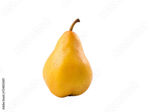 a yellow pear with a stem