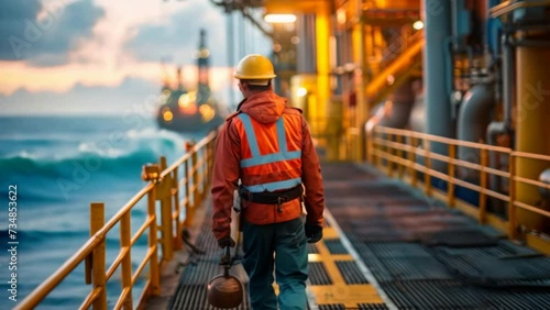 Close-up of an Offshore oil rig worker walking to an oil and gas facility to work in the process area  photo