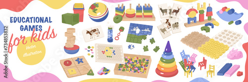 A large set of educational games for kids. Child development and mindful parenting. Toys that improve fine motor skills. Vector illustration in cartoon style.